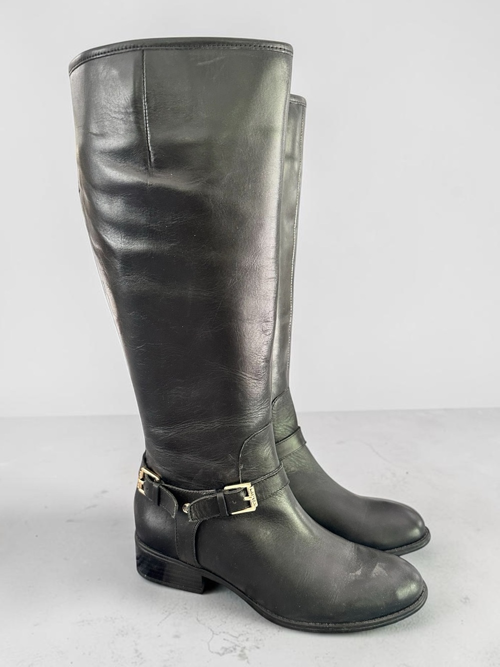 Lauren Ralph Lauren Black Leather Knee-High Riding Boots with Buckle Detail